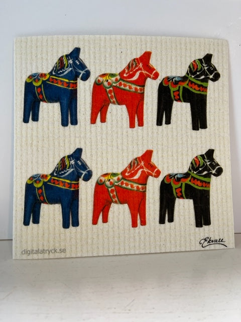 Six Dala Horse Design on Dishcloth