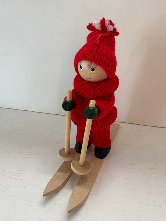 Skier With Wooden Skis and Poles