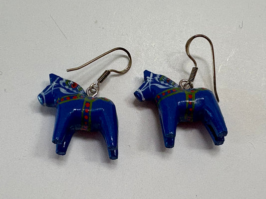 Handmade Dala Horse Dangle Earrings in Blue